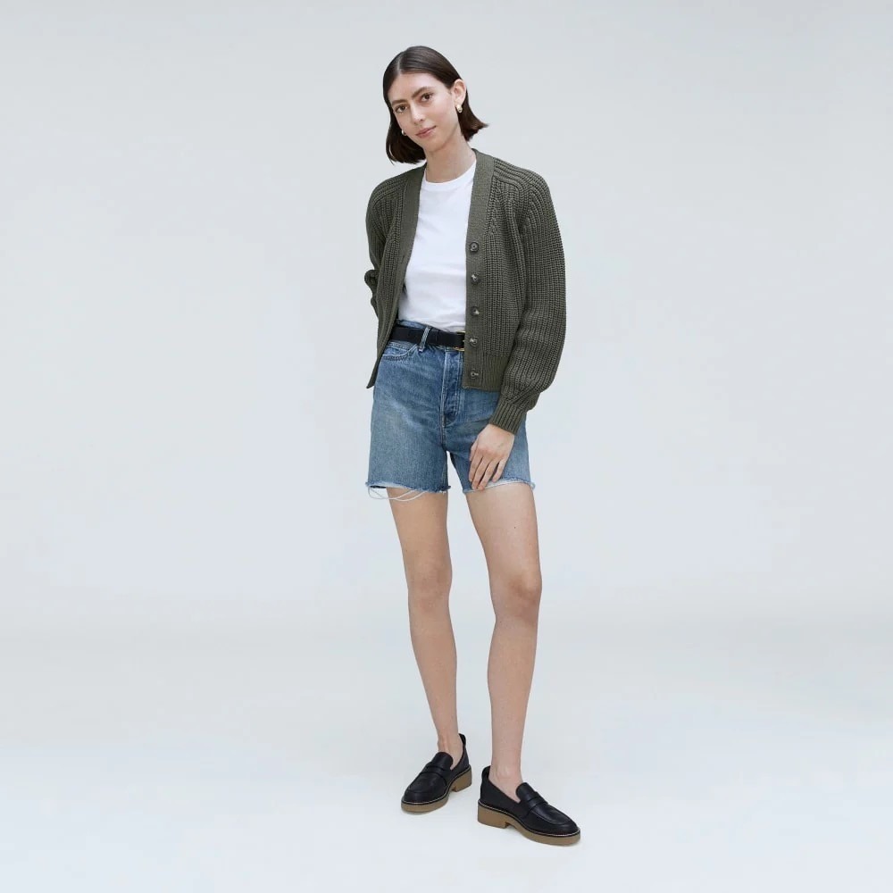 EVERLANE The Texture Cotton Cardigan Sweater Raglan Kambaba Green Knitwear Small - Picture 5 of 16